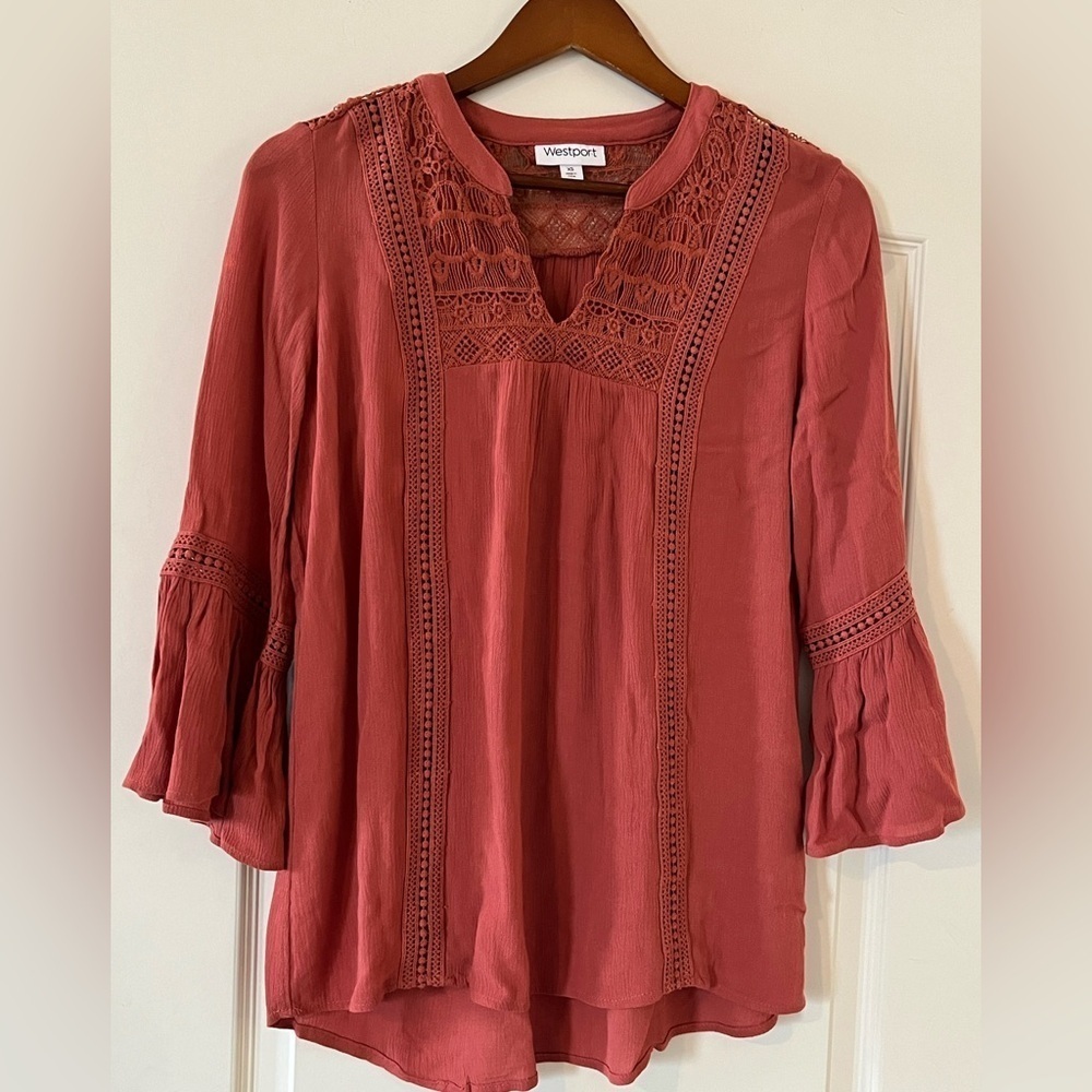Westport Vibrant Spice Color 3/4 Sleeve Ruffle Rayon Blouse Women’s Size XS-M
